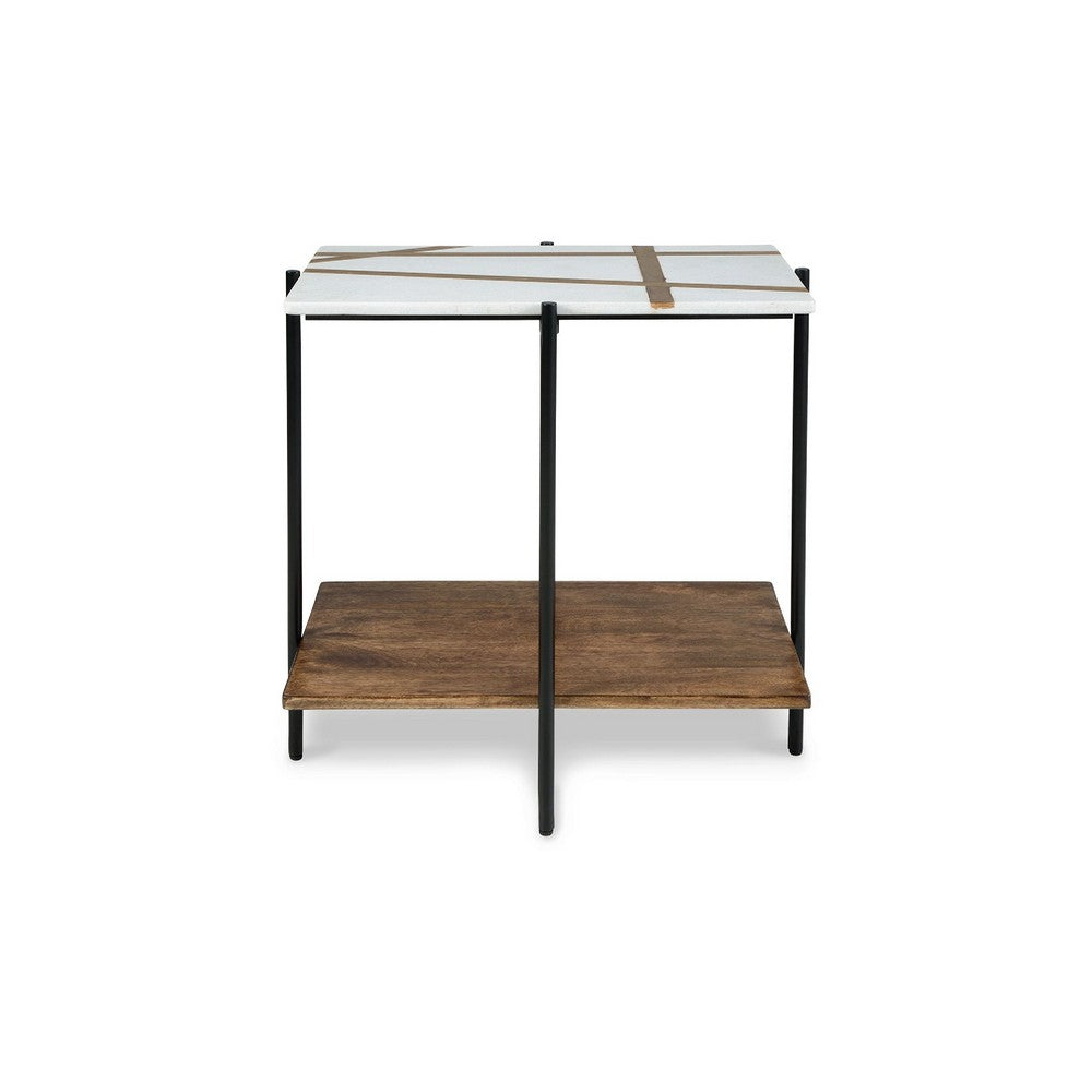 Broy Accent Table, 22 Inch White Marble Top with Wood Inlay, Lower Shelf - BM348763