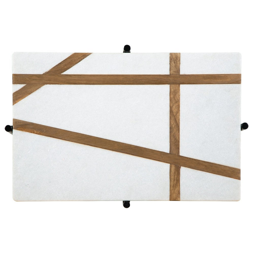 Broy Accent Table, 22 Inch White Marble Top with Wood Inlay, Lower Shelf - BM348763