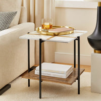 Broy Accent Table, 22 Inch White Marble Top with Wood Inlay, Lower Shelf - BM348763
