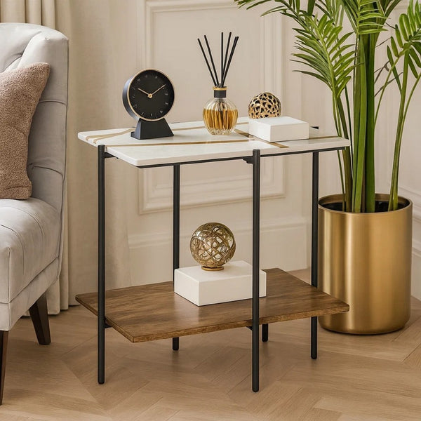 Broy Accent Table, 22 Inch White Marble Top with Wood Inlay, Lower Shelf - BM348763