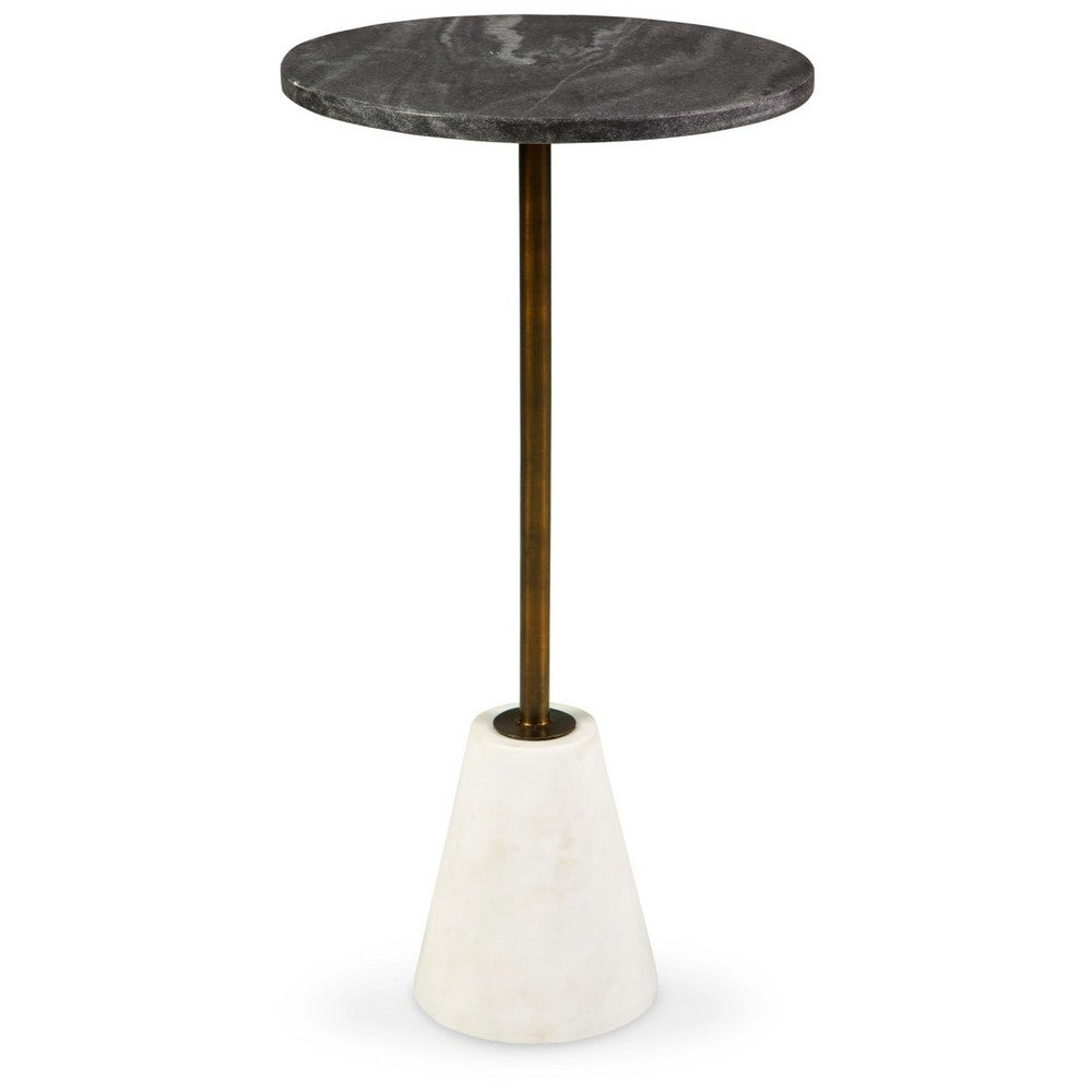 Cira Accent Table, 12 Inch Round Black and White Marble Top, Gold Metal - BM348764