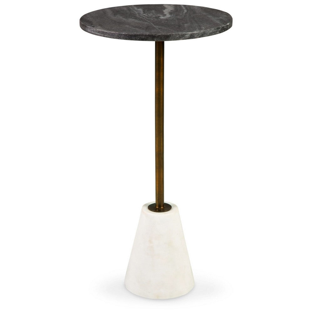 Cira Accent Table, 12 Inch Round Black and White Marble Top, Gold Metal - BM348764