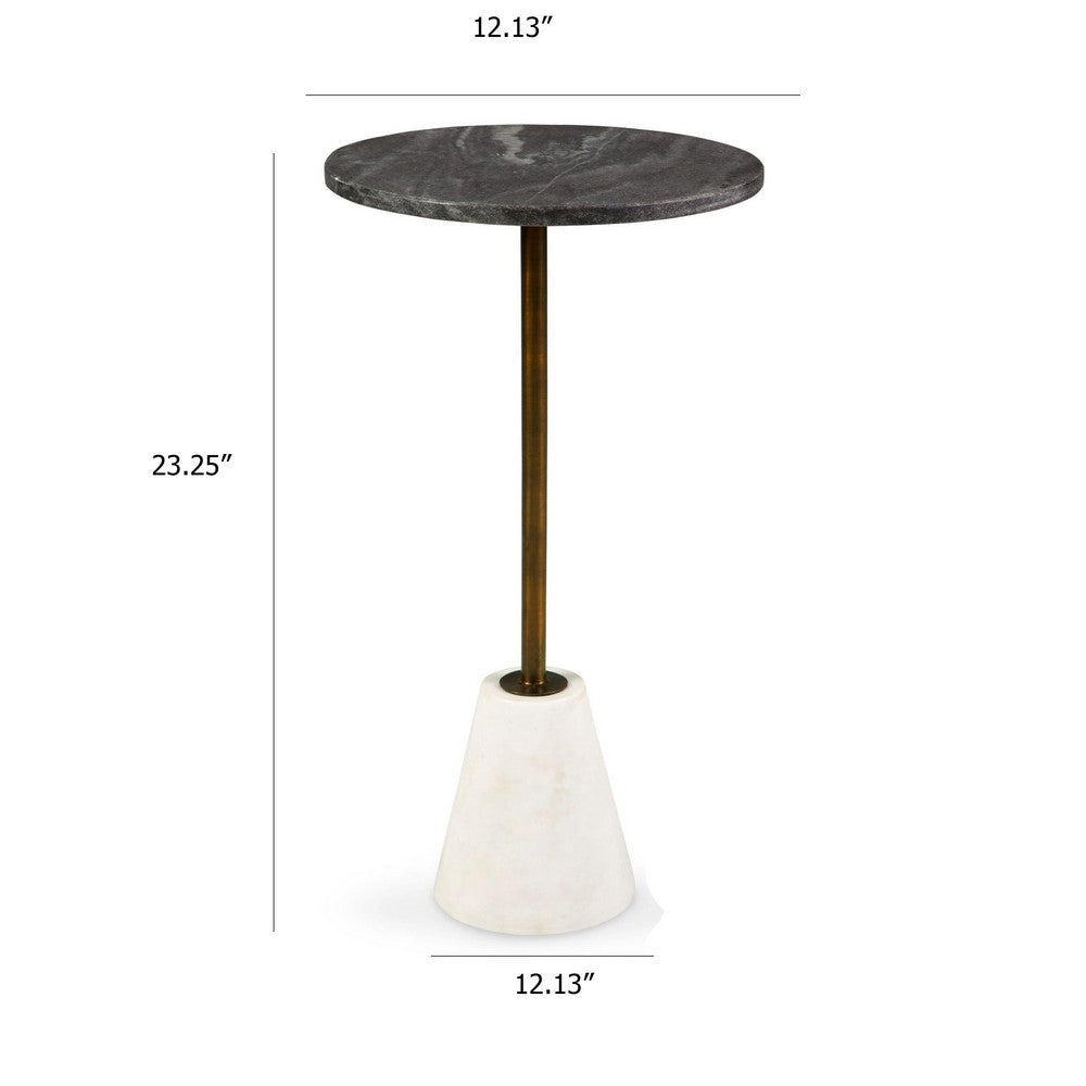 Cira Accent Table, 12 Inch Round Black and White Marble Top, Gold Metal - BM348764