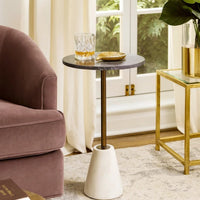 Cira Accent Table, 12 Inch Round Black and White Marble Top, Gold Metal - BM348764