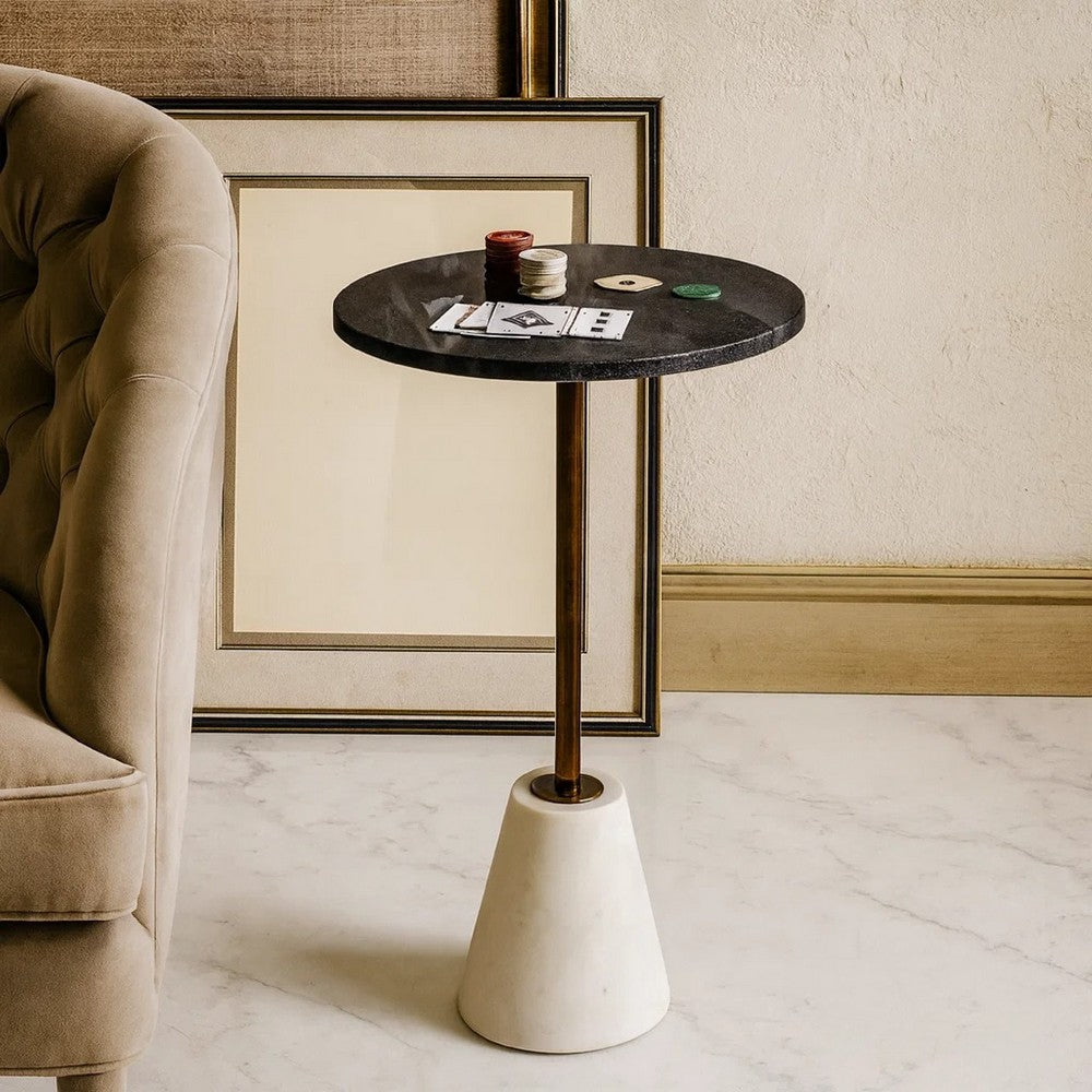 Cira Accent Table, 12 Inch Round Black and White Marble Top, Gold Metal - BM348764