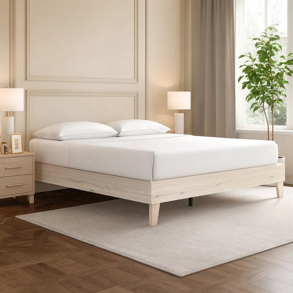 Soca King Size Platform Bed, Whitewashed Oak Grain, Low Profile, Plywood Base - BM348771