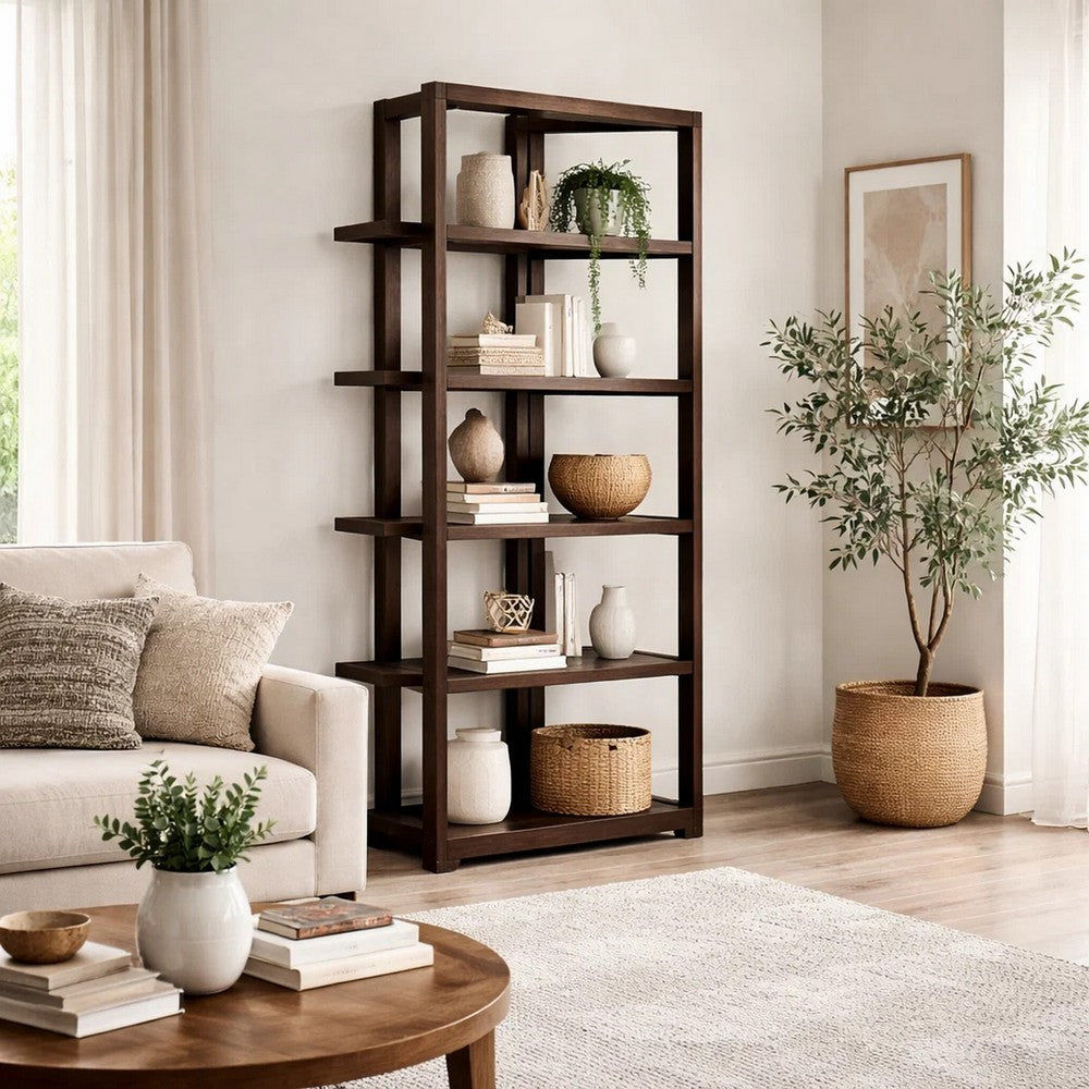 Kemu Modern Bookcase, 4 Open Shelves, 76 Inch Rustic Dark Brown Wood - BM348773