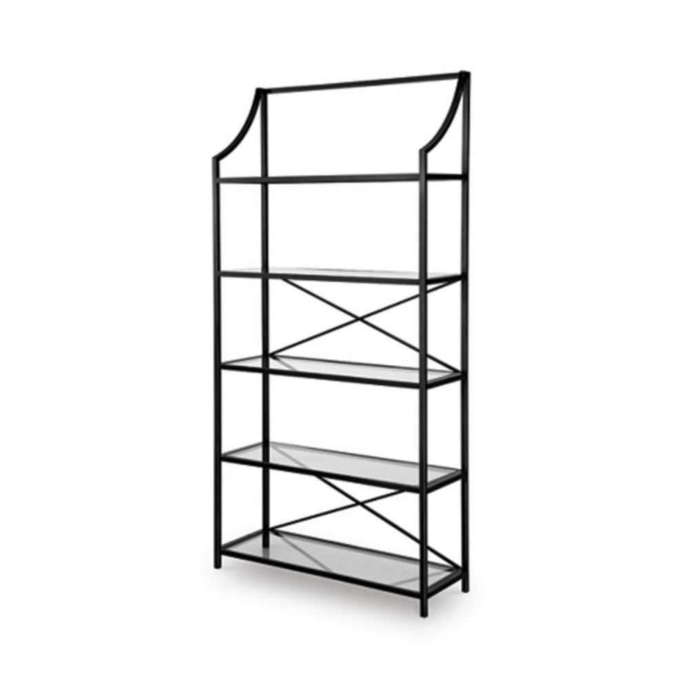 Meu Bookcase with 5 Clear Glass Shelves, 72 Inch Antique Black Metal - BM348774