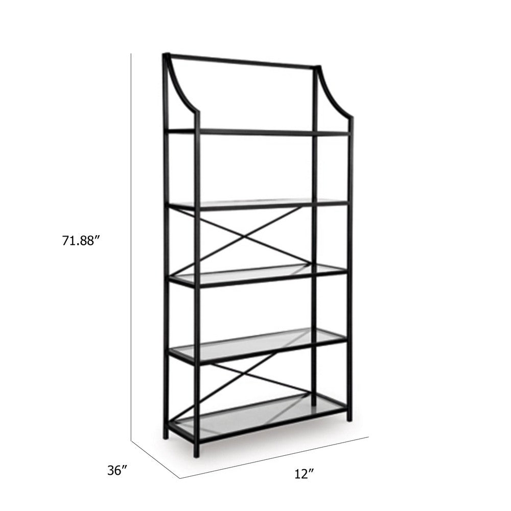 Meu Bookcase with 5 Clear Glass Shelves, 72 Inch Antique Black Metal - BM348774