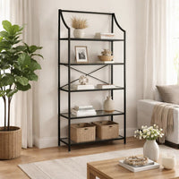 Meu Bookcase with 5 Clear Glass Shelves, 72 Inch Antique Black Metal - BM348774