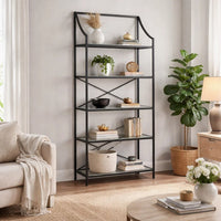 Meu Bookcase with 5 Clear Glass Shelves, 72 Inch Antique Black Metal - BM348774