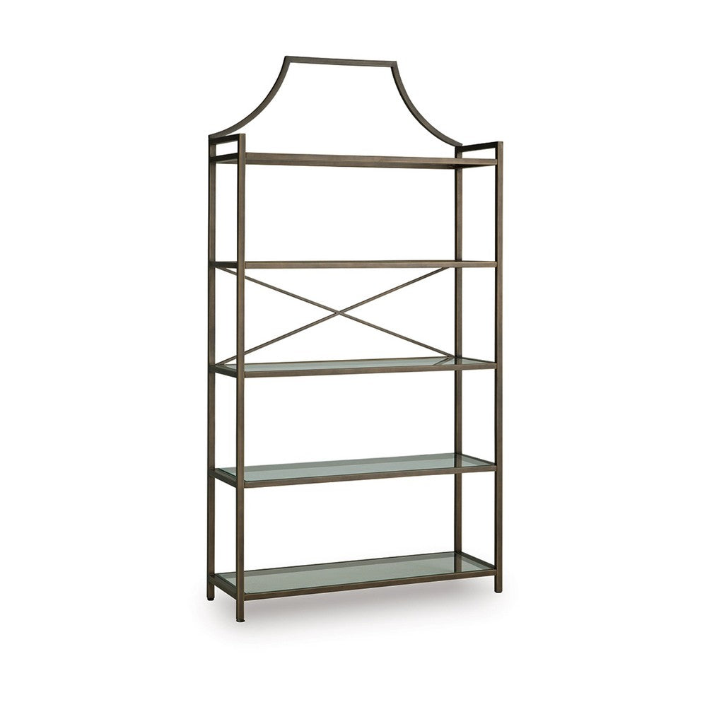 Gey Bookcase with 5 Clear Glass Shelves, 72 Inch Antique Bronze Metal Frame - BM348775