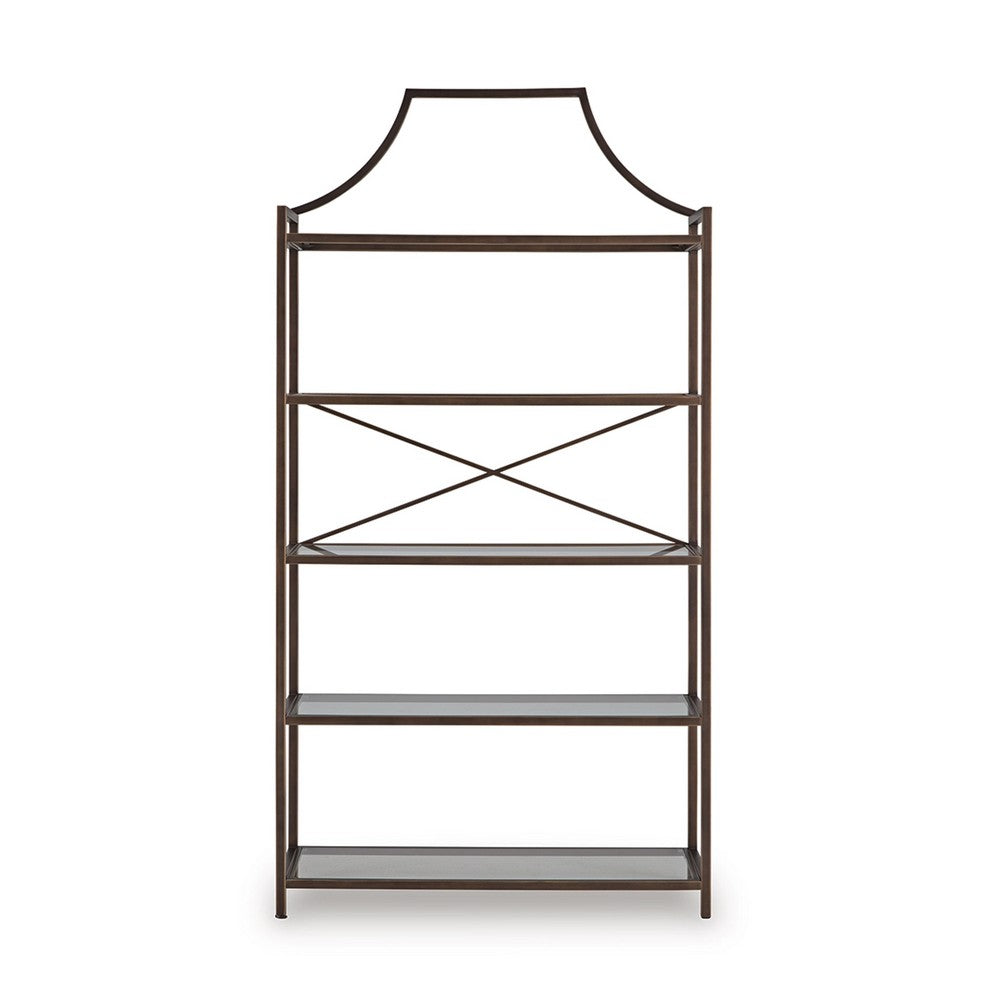 Gey Bookcase with 5 Clear Glass Shelves, 72 Inch Antique Bronze Metal Frame - BM348775