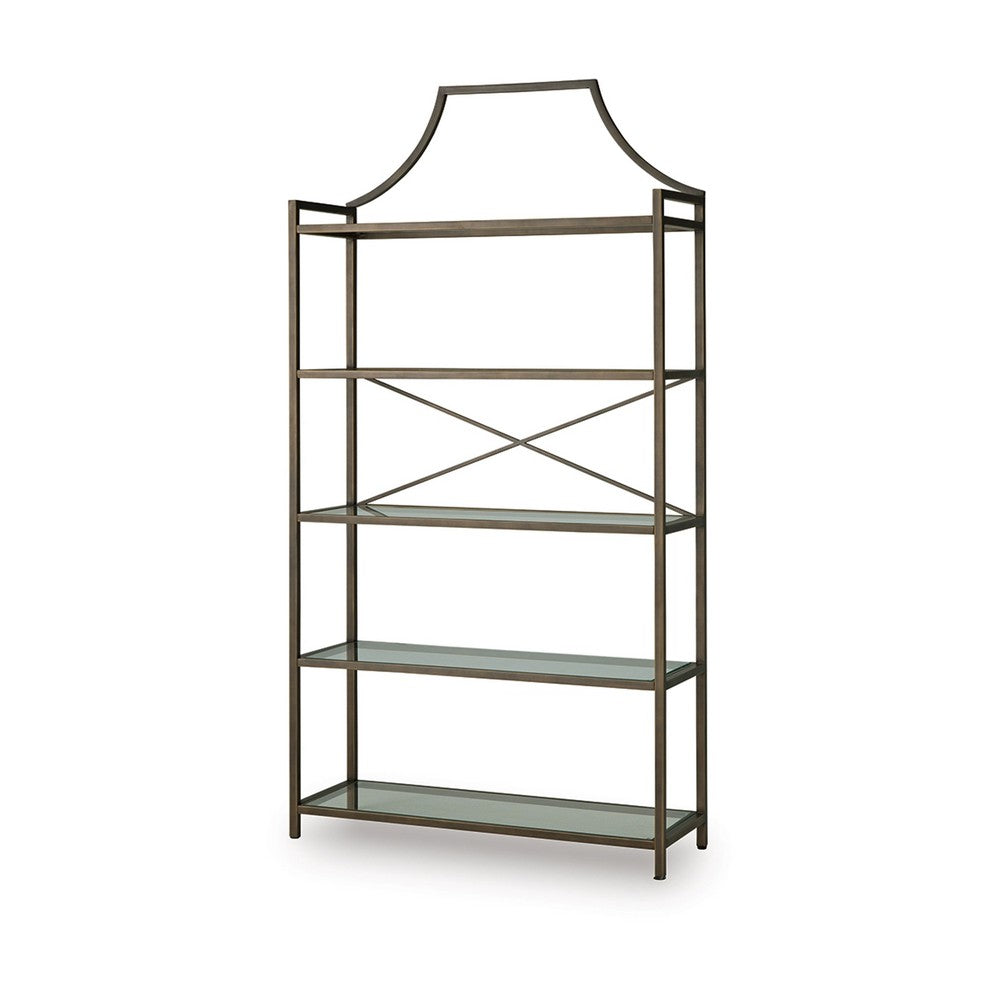 Gey Bookcase with 5 Clear Glass Shelves, 72 Inch Antique Bronze Metal Frame - BM348775