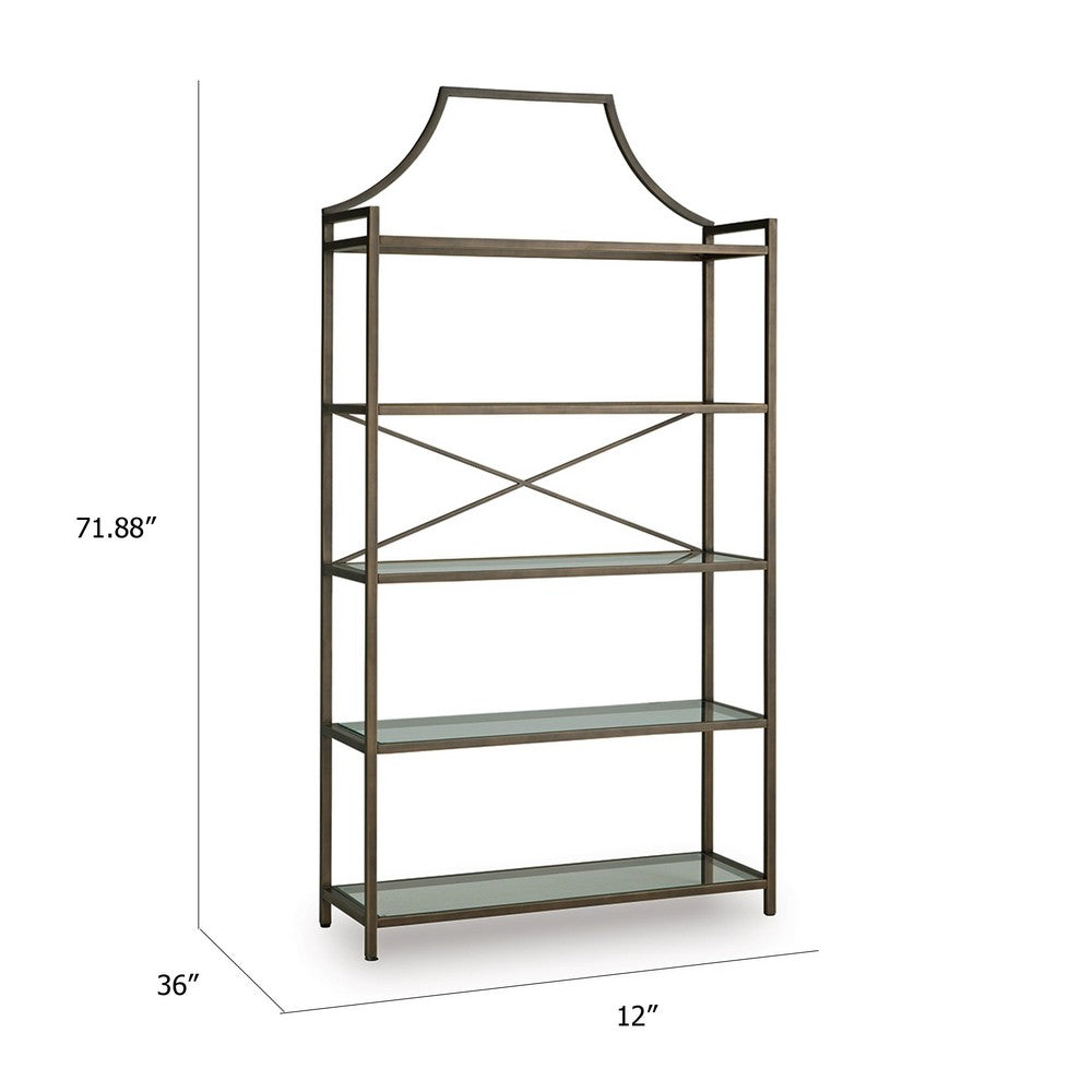 Gey Bookcase with 5 Clear Glass Shelves, 72 Inch Antique Bronze Metal Frame - BM348775