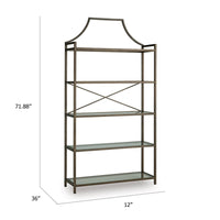 Gey Bookcase with 5 Clear Glass Shelves, 72 Inch Antique Bronze Metal Frame - BM348775