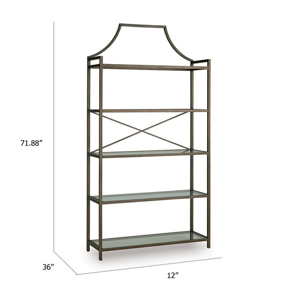 Gey Bookcase with 5 Clear Glass Shelves, 72 Inch Antique Bronze Metal Frame - BM348775