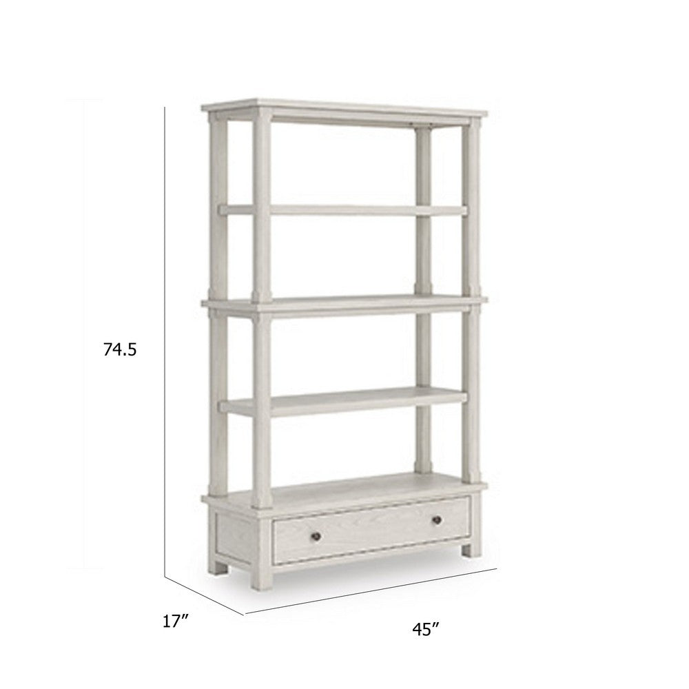 Lea Bookcase with 4 Shelves and Storage Drawer, 75 Inch Antique White - BM348778