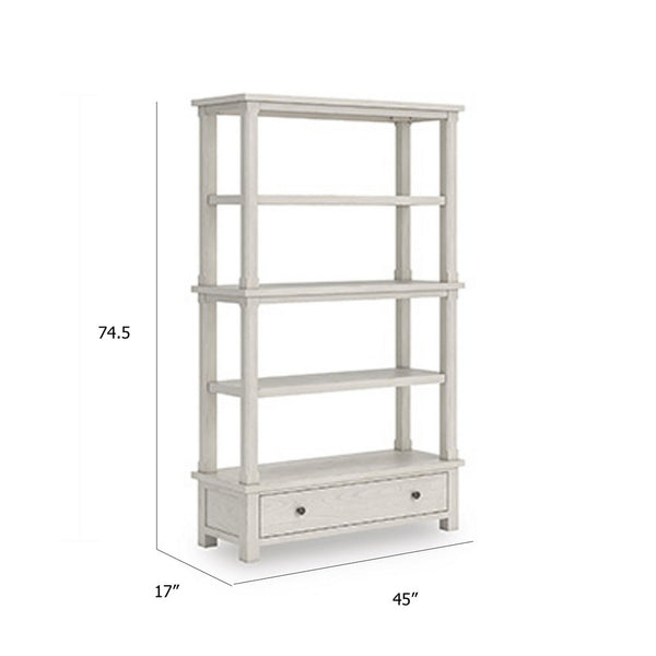 Lea Bookcase with 4 Shelves and Storage Drawer, 75 Inch Antique White - BM348778
