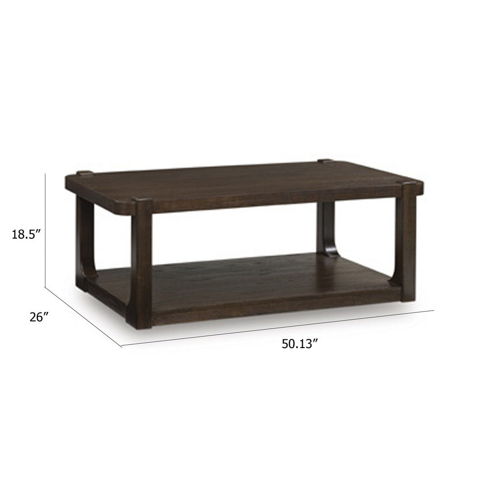 Kemu Coffee Table, 50 Inch Rectangular Top w Lower Shelf, Dark Brown - BM348970