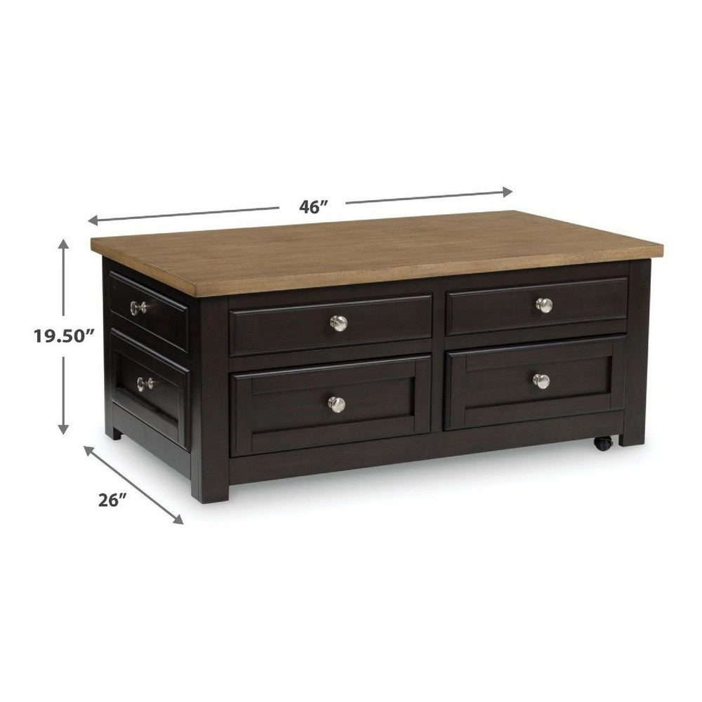 Zory Coffee Table, 46 Inch Rectangular Lift Top, 4 Drawers, Brown - BM348977