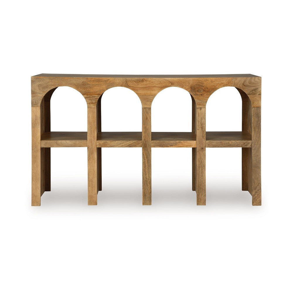 Soi Sofa Console Table, 52 Inch Arch Design, 4 Shelves, Natural Brown - BM348980
