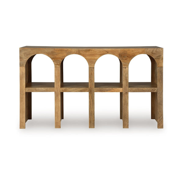 Soi Sofa Console Table, 52 Inch Arch Design, 4 Shelves, Natural Brown - BM348980