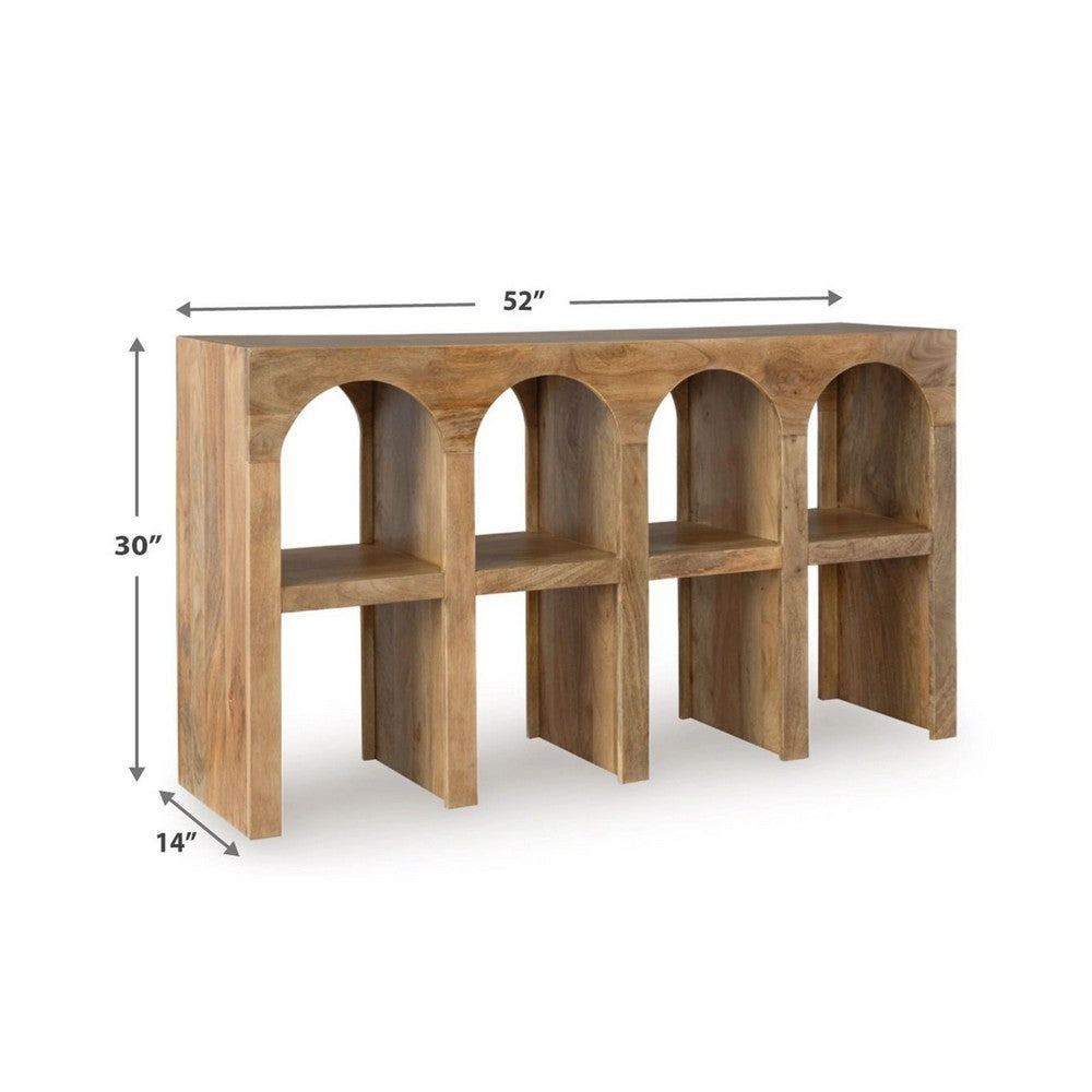 Soi Sofa Console Table, 52 Inch Arch Design, 4 Shelves, Natural Brown - BM348980
