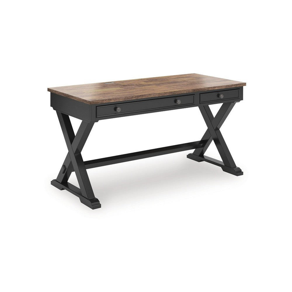 Fleur Office Desk, 60 Inch Brown Top, 2 Drawers, Black Metal X Base - BM348982