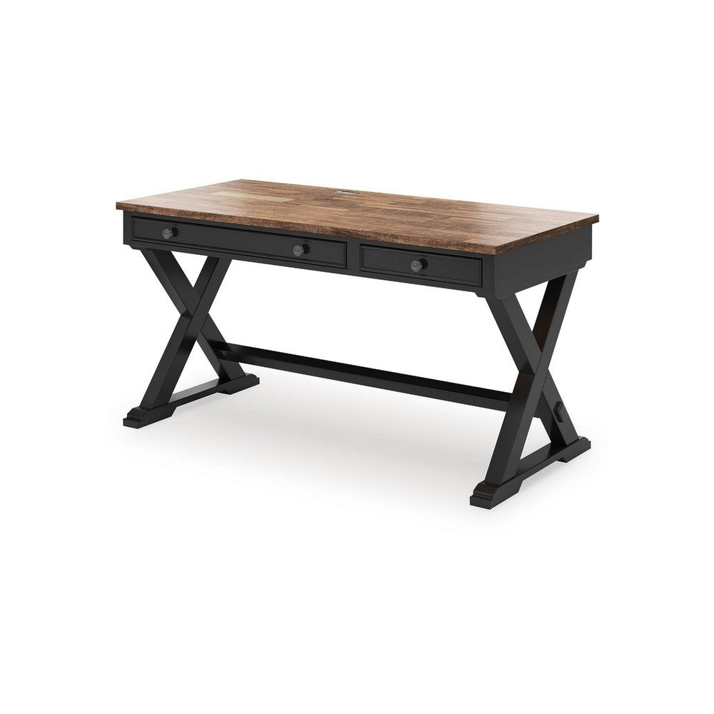 Fleur Office Desk, 60 Inch Brown Top, 2 Drawers, Black Metal X Base - BM348982