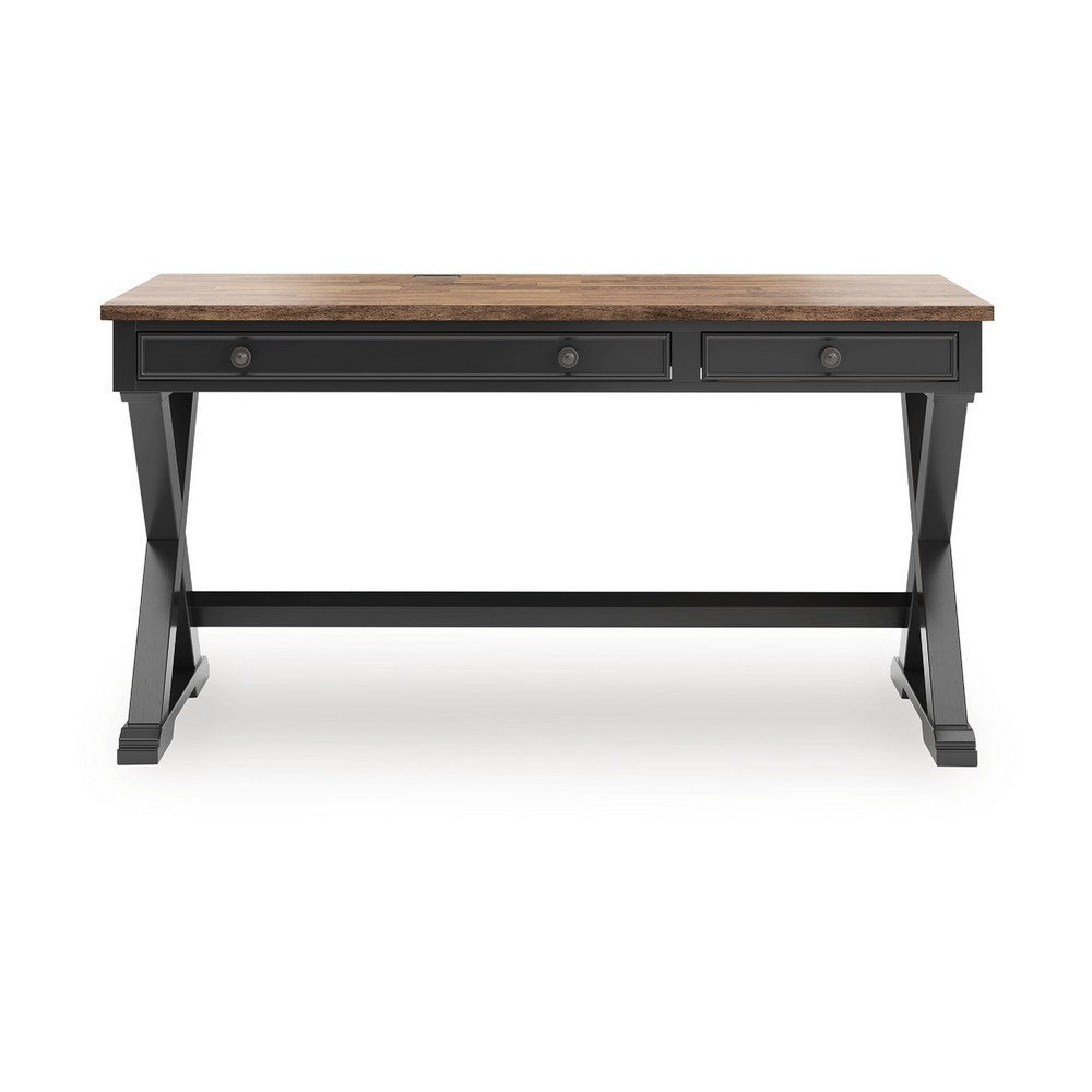 Fleur Office Desk, 60 Inch Brown Top, 2 Drawers, Black Metal X Base - BM348982