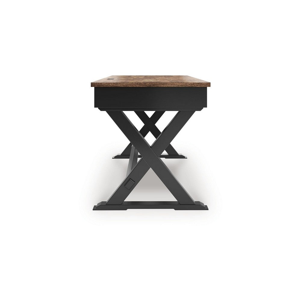 Fleur Office Desk, 60 Inch Brown Top, 2 Drawers, Black Metal X Base - BM348982