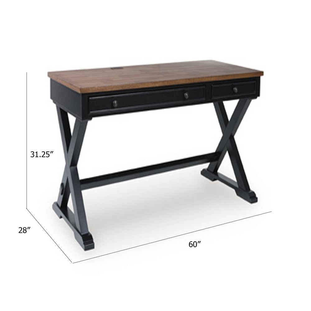 Fleur Office Desk, 60 Inch Brown Top, 2 Drawers, Black Metal X Base - BM348982
