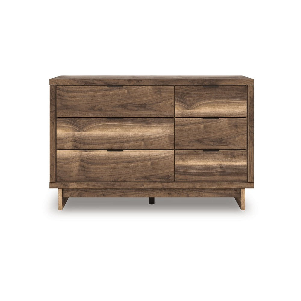 Lina 6 Drawer Wide Dresser, Integrated Handles, 51 Inch Rustic Walnut Brown - BM349002