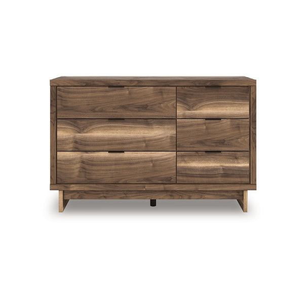 Lina 6 Drawer Wide Dresser, Integrated Handles, 51 Inch Rustic Walnut Brown - BM349002