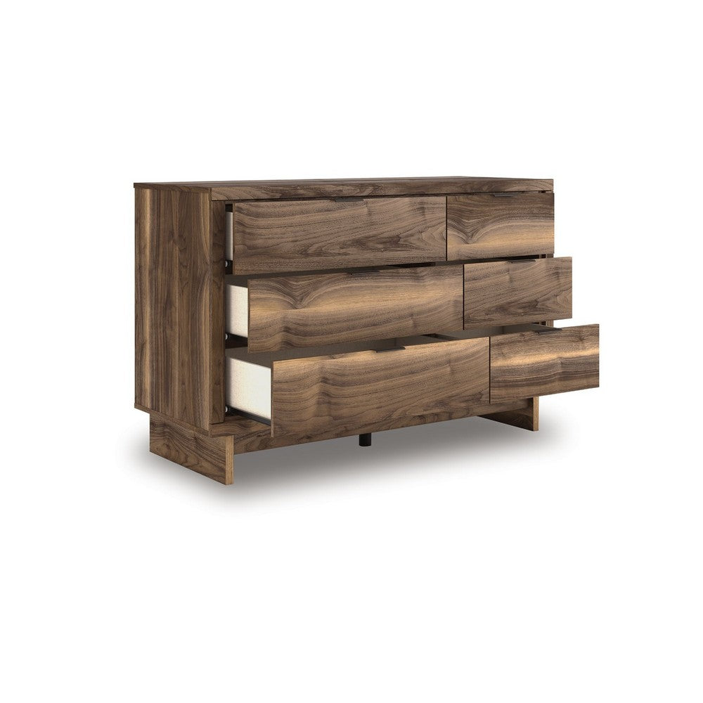 Lina 6 Drawer Wide Dresser, Integrated Handles, 51 Inch Rustic Walnut Brown - BM349002