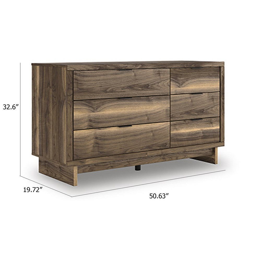 Lina 6 Drawer Wide Dresser, Integrated Handles, 51 Inch Rustic Walnut Brown - BM349002