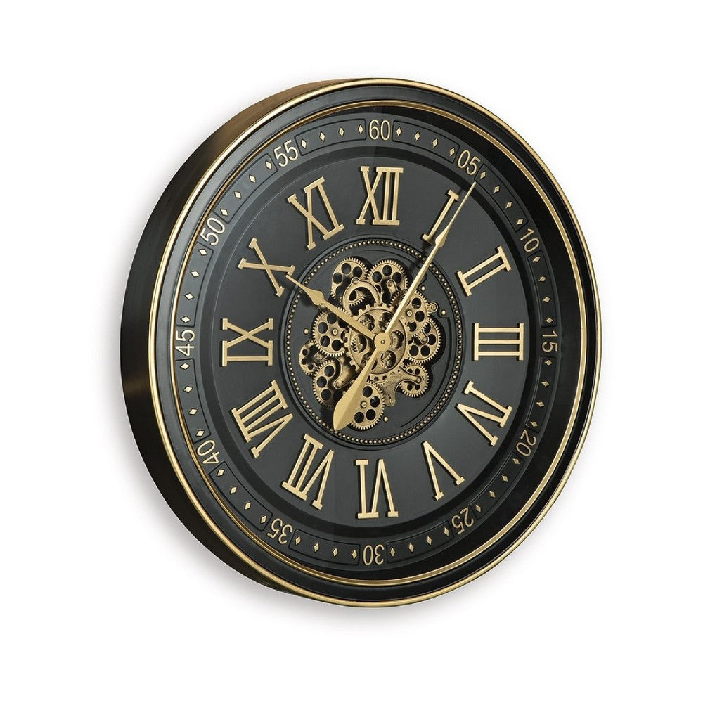 Wall Clock with Gears, Gold Roman Numerals, 32 Inch Round Black Metal - BM349007