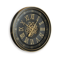 Wall Clock with Gears, Gold Roman Numerals, 32 Inch Round Black Metal - BM349007