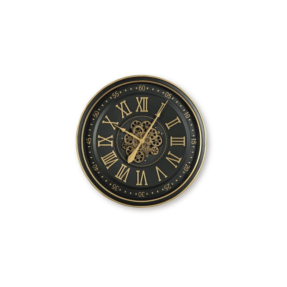 Wall Clock with Gears, Gold Roman Numerals, 32 Inch Round Black Metal - BM349007