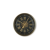 Wall Clock with Gears, Gold Roman Numerals, 32 Inch Round Black Metal - BM349007