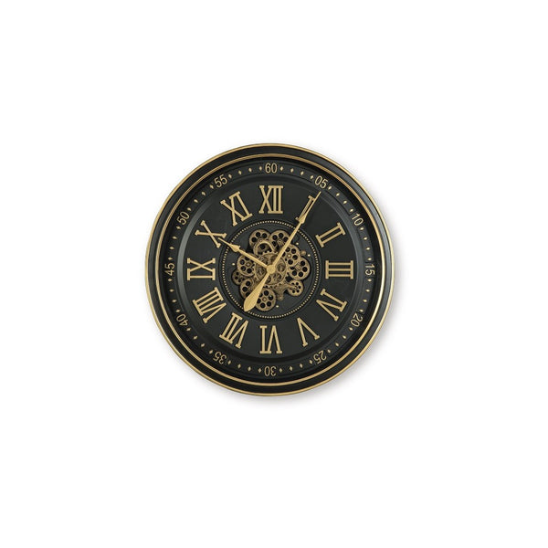 Wall Clock with Gears, Gold Roman Numerals, 32 Inch Round Black Metal - BM349007