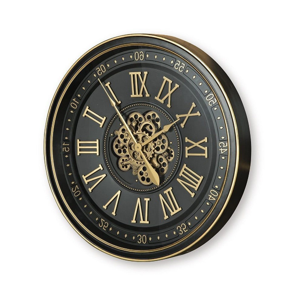 Wall Clock with Gears, Gold Roman Numerals, 32 Inch Round Black Metal - BM349007