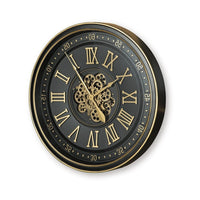 Wall Clock with Gears, Gold Roman Numerals, 32 Inch Round Black Metal - BM349007