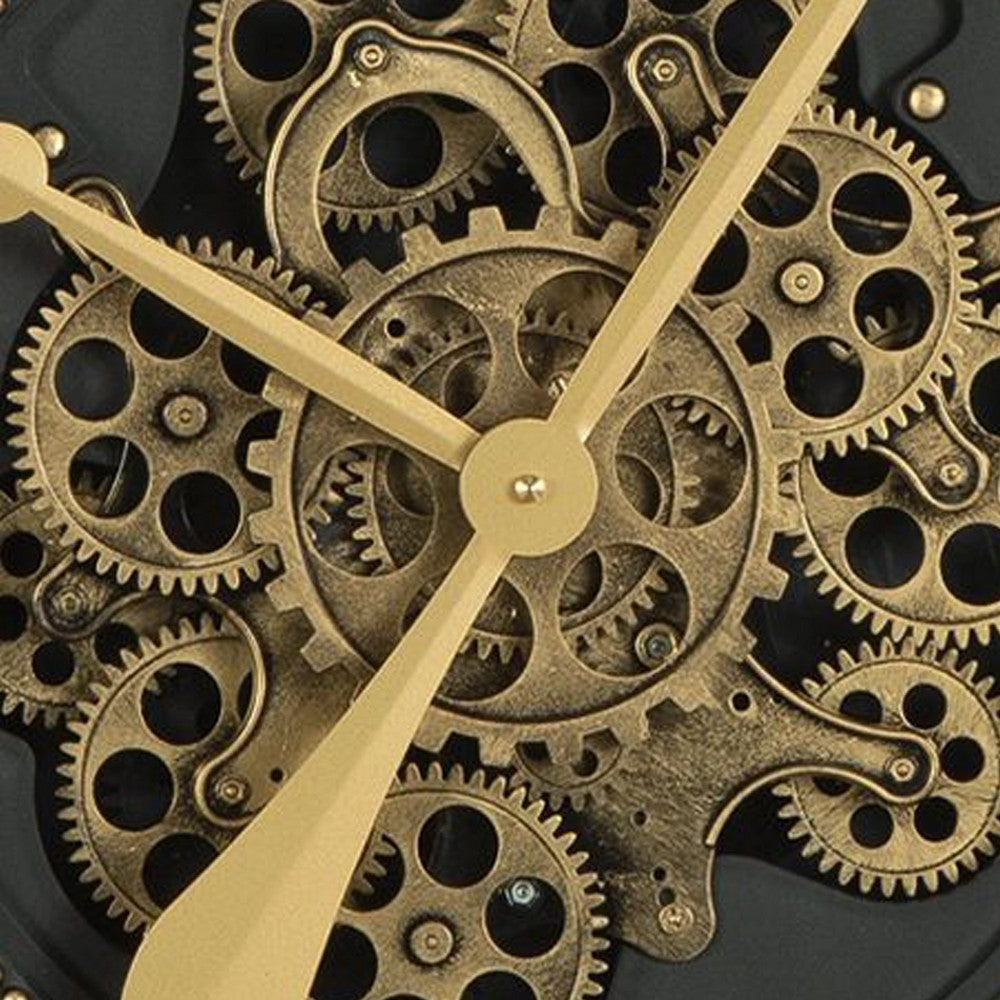 Wall Clock with Gears, Gold Roman Numerals, 32 Inch Round Black Metal - BM349007