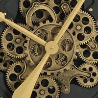 Wall Clock with Gears, Gold Roman Numerals, 32 Inch Round Black Metal - BM349007