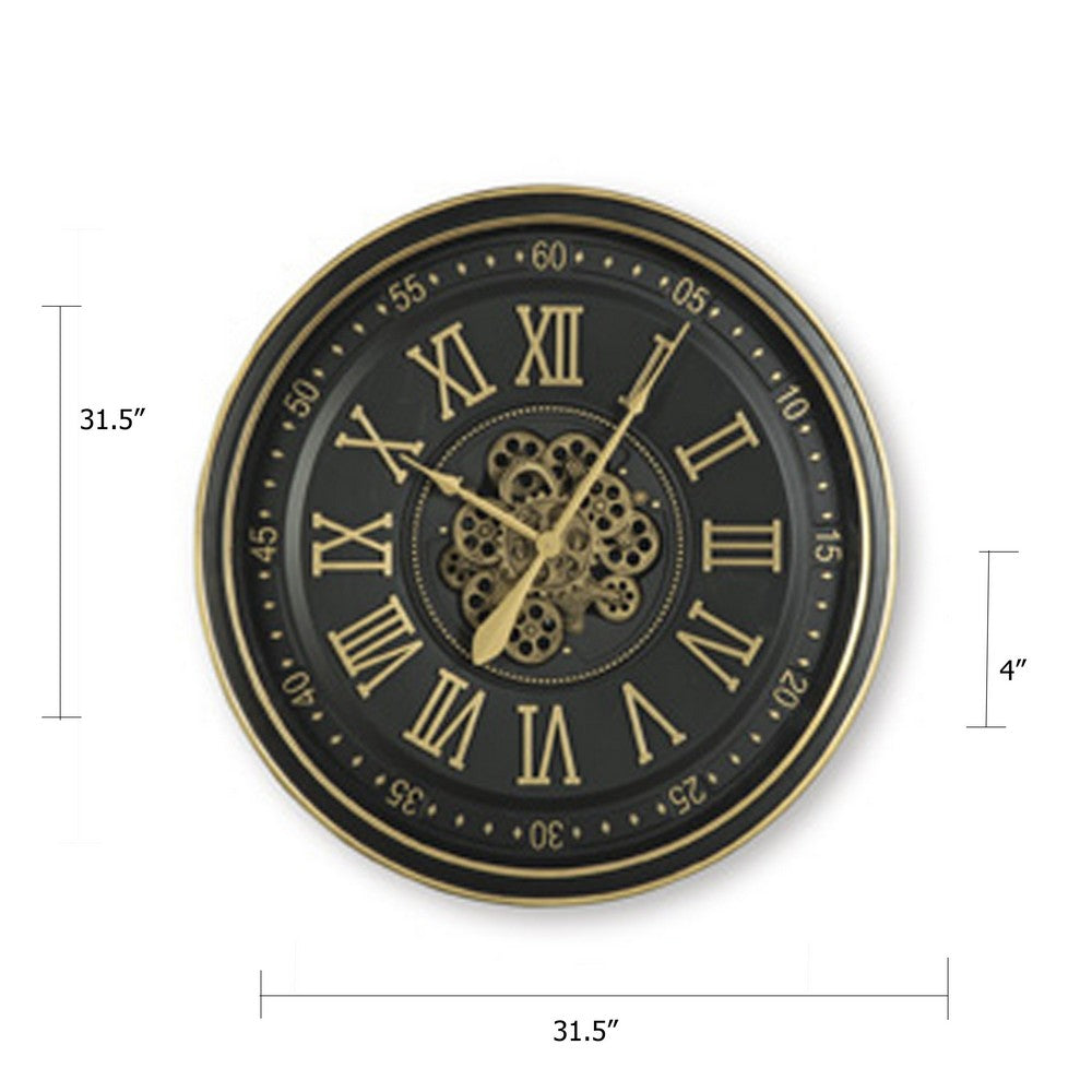 Wall Clock with Gears, Gold Roman Numerals, 32 Inch Round Black Metal - BM349007