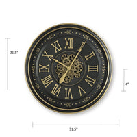 Wall Clock with Gears, Gold Roman Numerals, 32 Inch Round Black Metal - BM349007