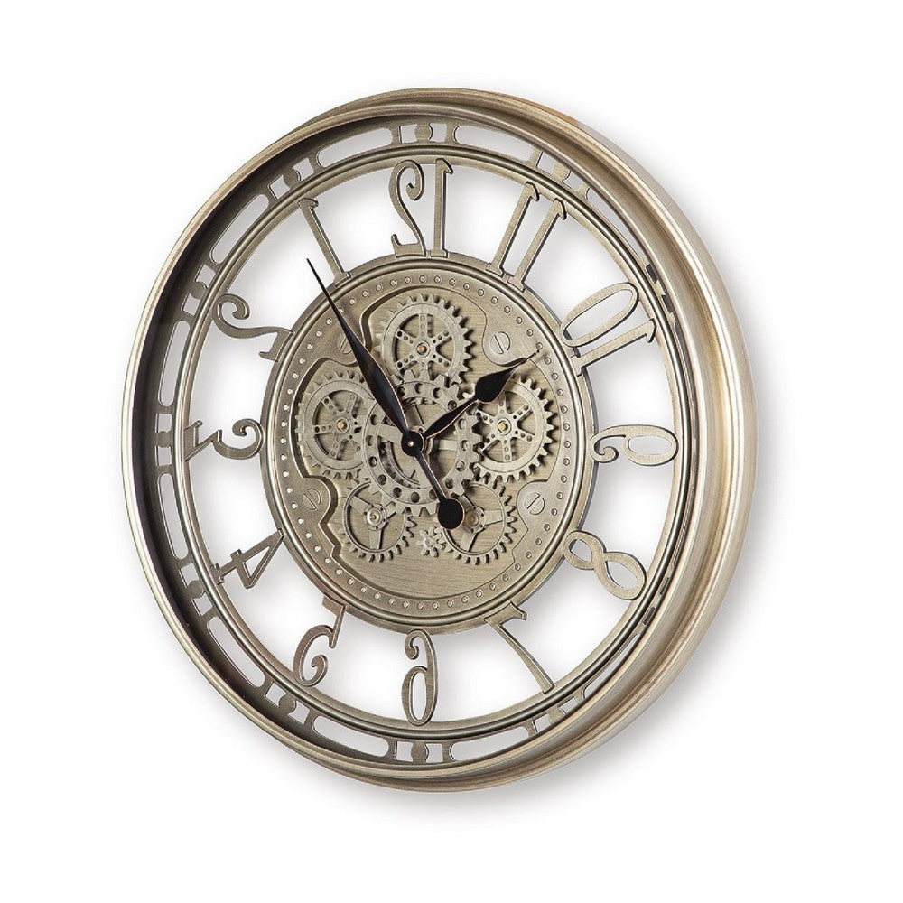 27 Inch Round Wall Clock, Moving Gears, Standard Numbers, Champagne Gold - BM349008