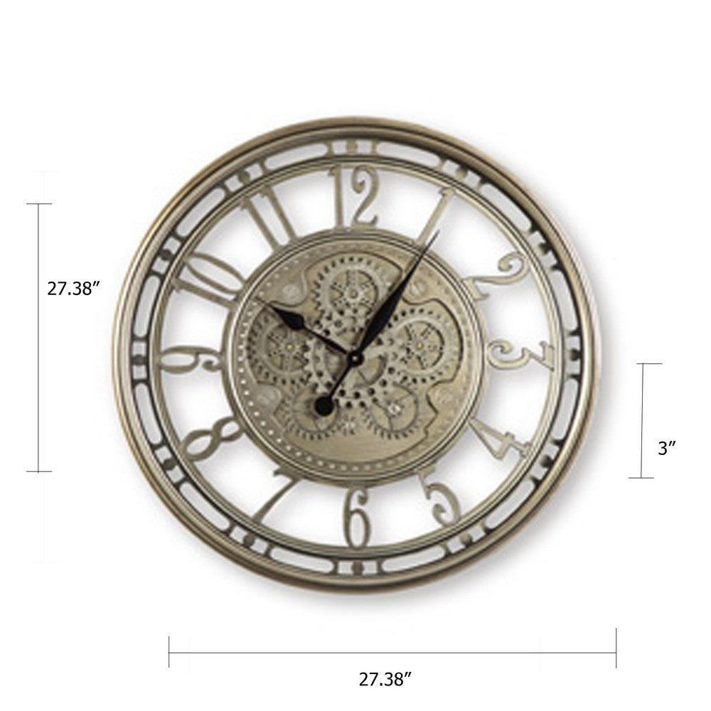 27 Inch Round Wall Clock, Moving Gears, Standard Numbers, Champagne Gold - BM349008